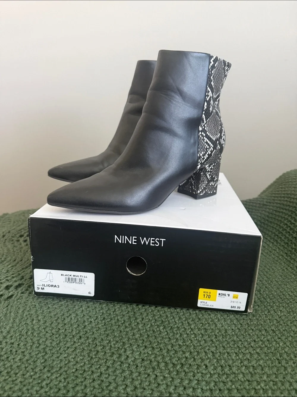 Nine West Black Pointed Leather Ankle Booties, with snake print in the back